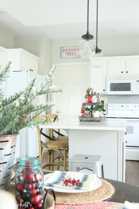 The wooden stenciled sign hanging up in the kitchen.