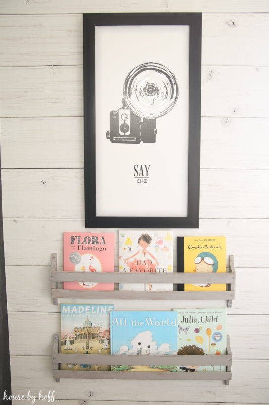 A shelf on the wall with books in it and a picture of a camera on the wall.