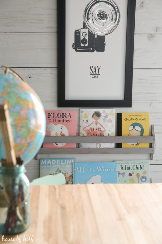 Up close of the books on the shelf.