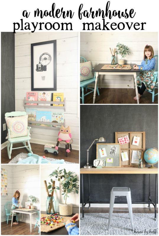 A modern farmhouse playroom makeover poster.