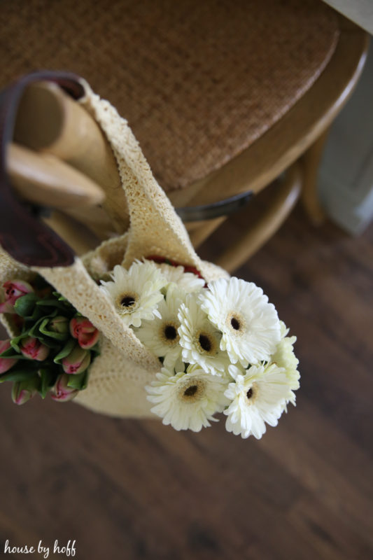 White flowers in a bag.