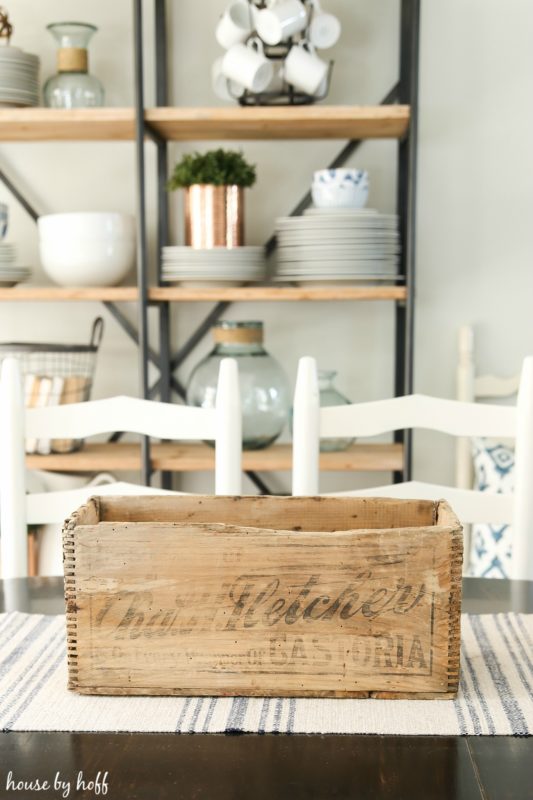 Wooden crate on dining table.