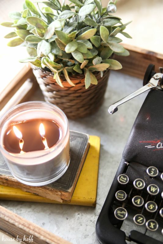 Lit candle and green plant beside typewriter.