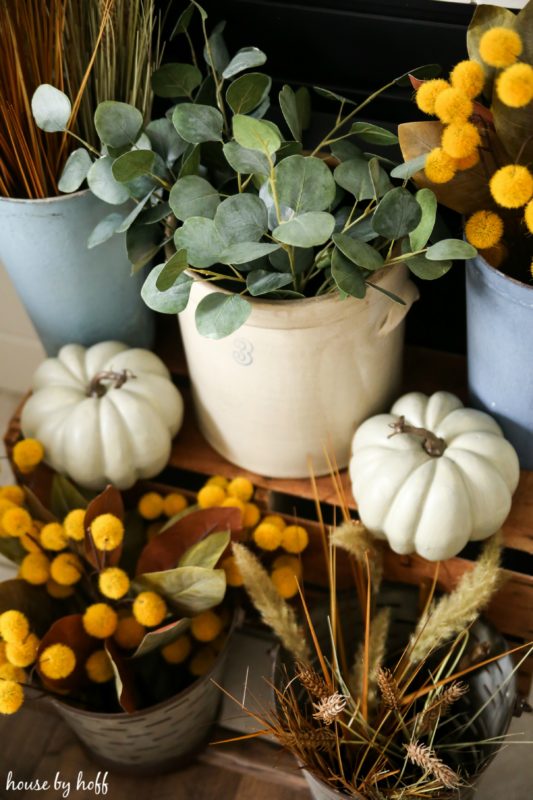 Eucalyptus leaves and pumpkins in front of fireplace.