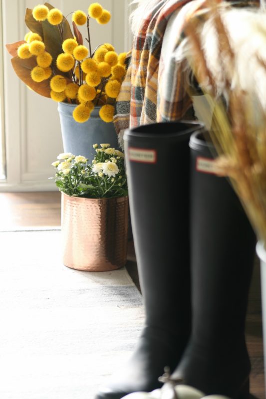 A pair of black gumboots in the entryway.