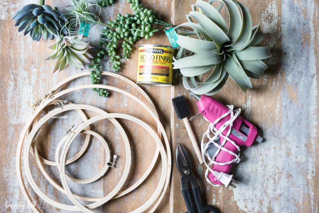 The items laid out to make the succulent wreath.