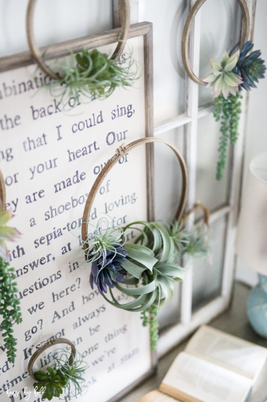 DIY Succulent Embroidery Hoop Wreaths spring vignette.