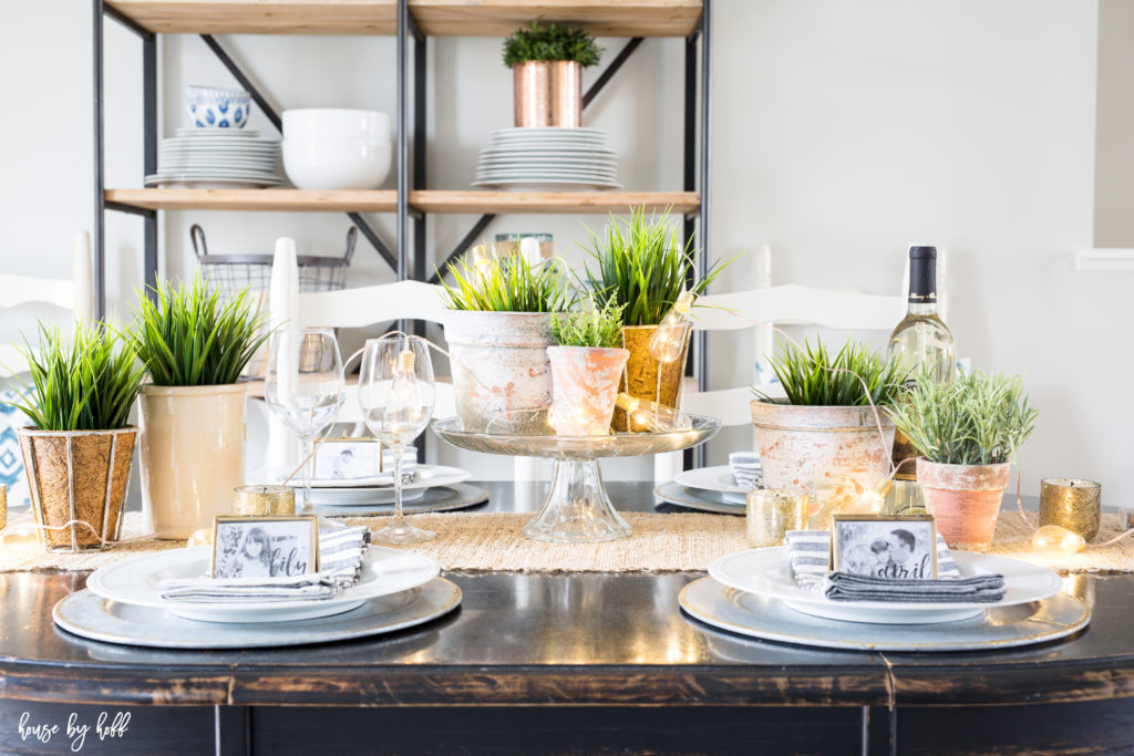 A string of lights on the table around the succulents.