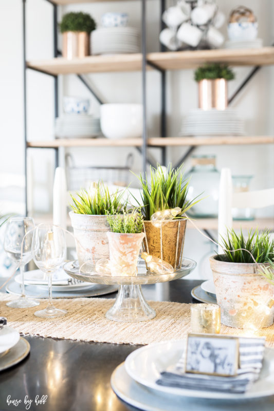 The string of Edison bulbs on the table around the greenery.