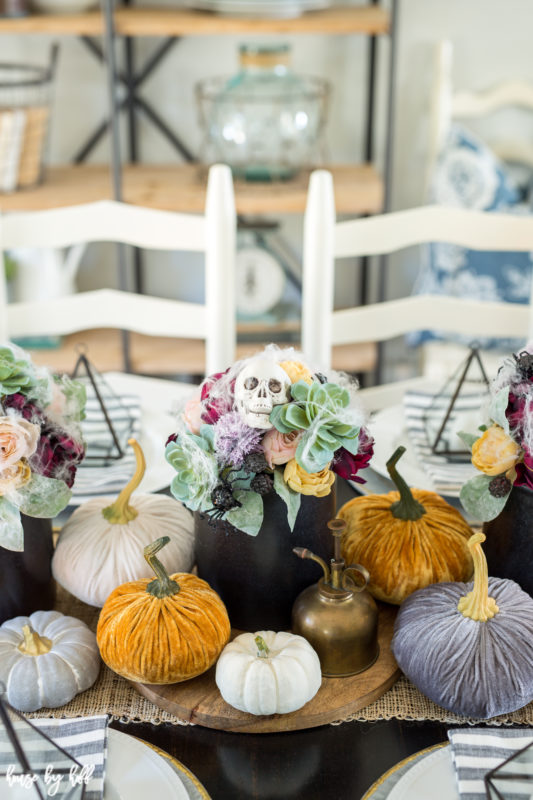 Orange, purple and white pumpkins on table.