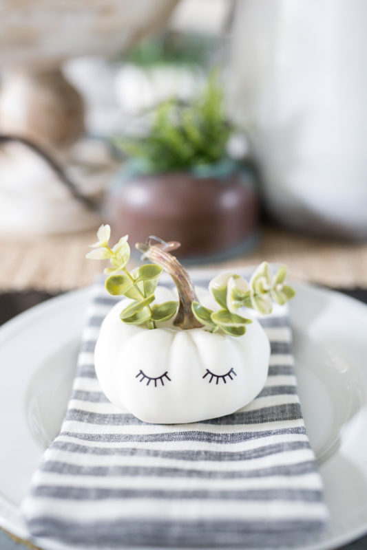 Succulent plants sticking out of the little white pumpkins with eyelashes.