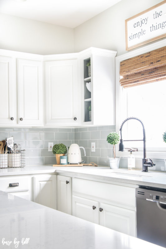 Gray and White Kitchen for Winter with subway tile backsplash.