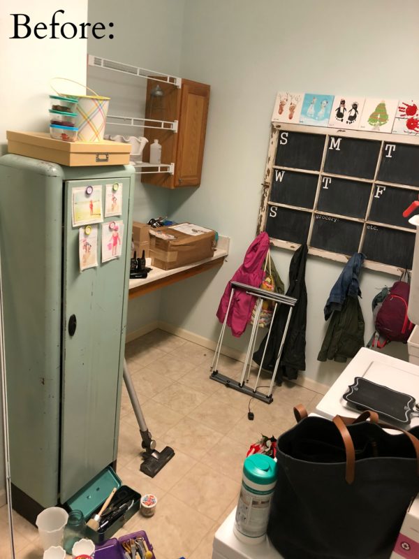 A before picture of a cramped messy mudroom items all over.