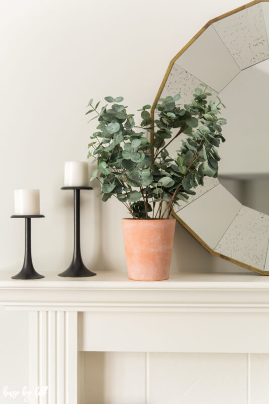 White Mantel with Simple Black Candle Holders and Eucalyptus in Terracotta Pot