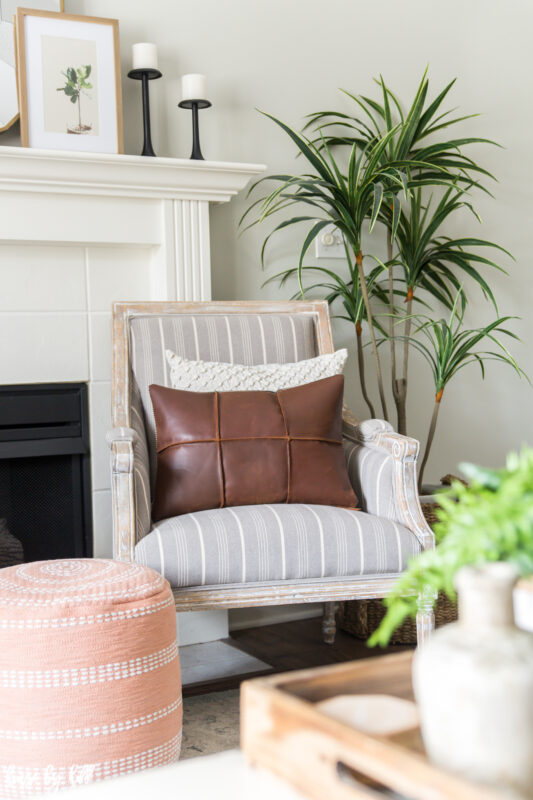 French Armchair with Leather Throw Pillow