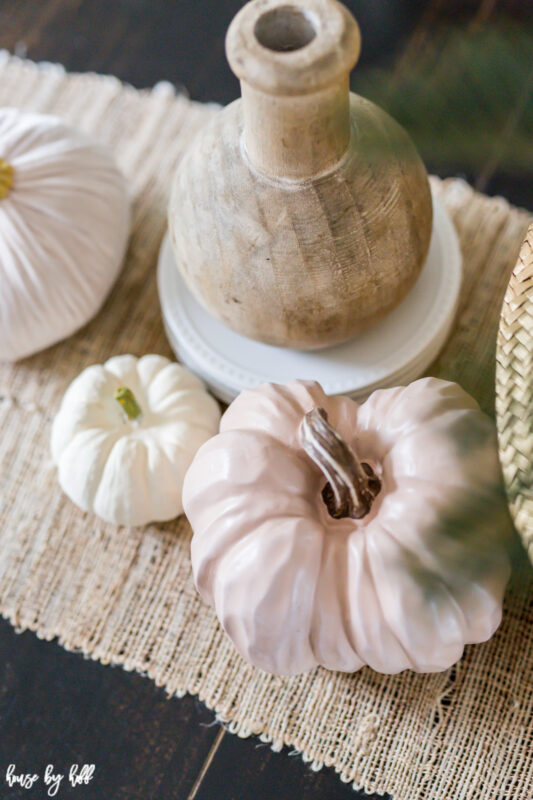 Wood Vase and Neutral Fall Pumpkins.