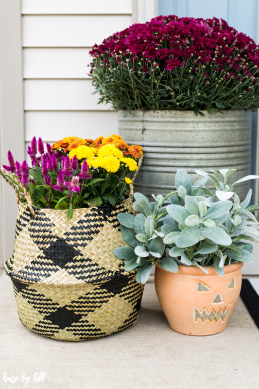 A porch filled with floral planters.