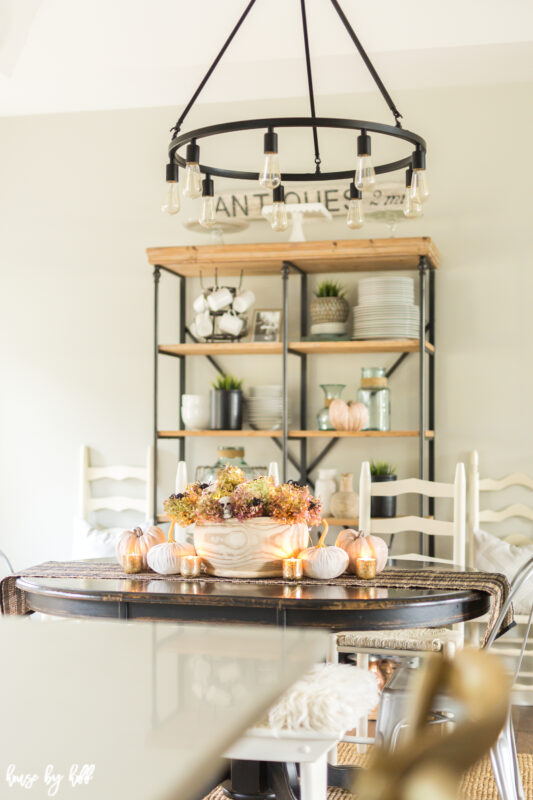 An open shelving unit is behind the dining room table.