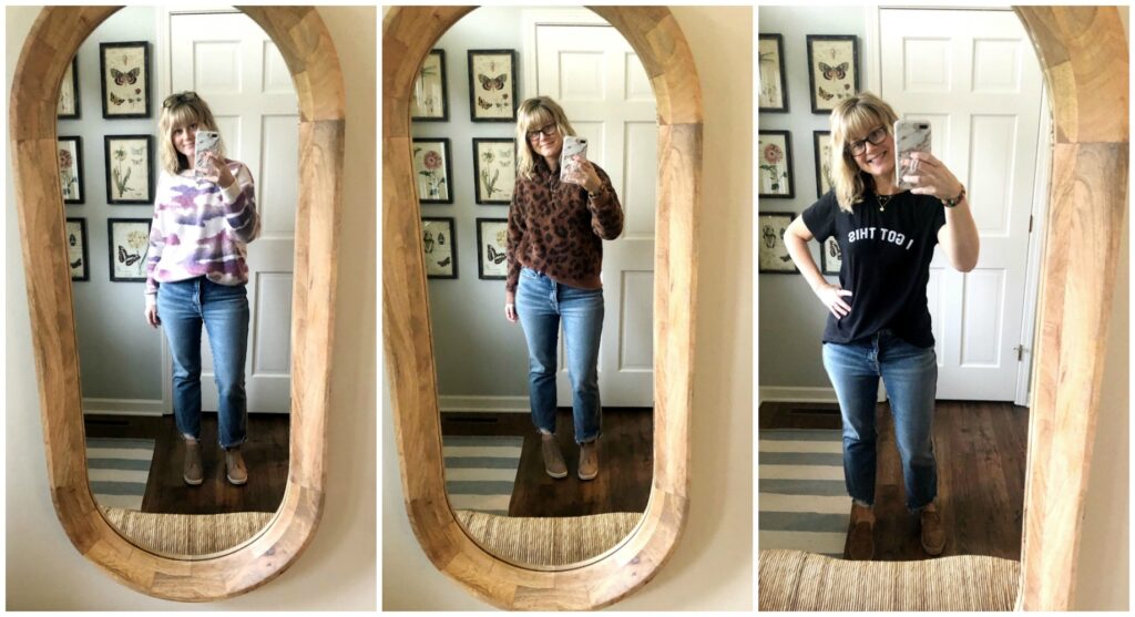 Mom Jeans Three Ways in a mirror taking a selfie.