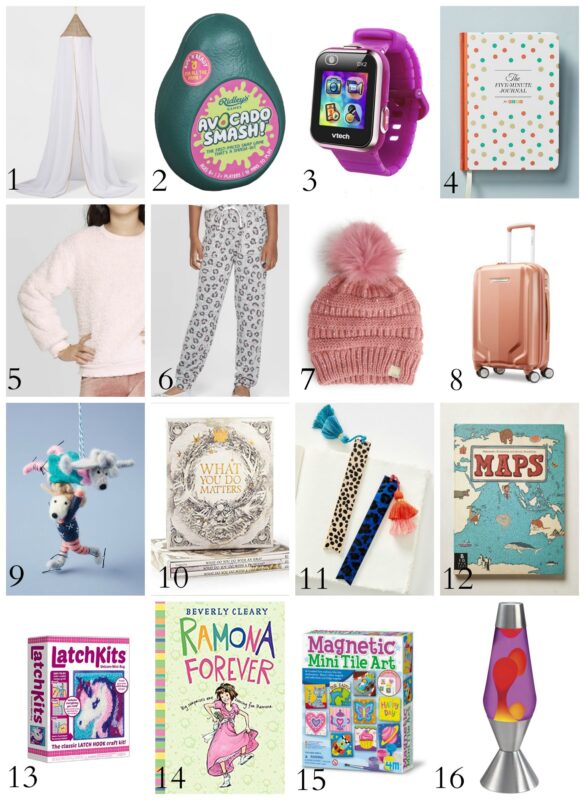 A hat, lava lamp and art kits to buy for a little girl.