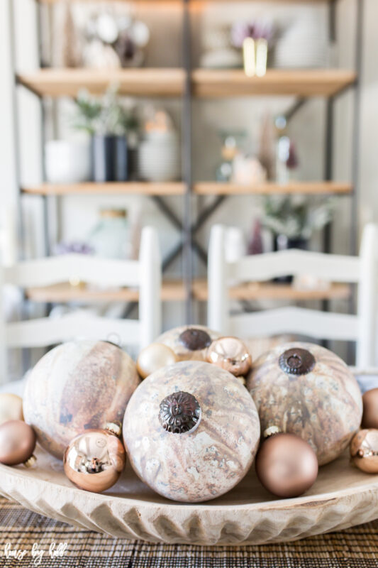 Ornament Centerpiece in Wooden Bowl.