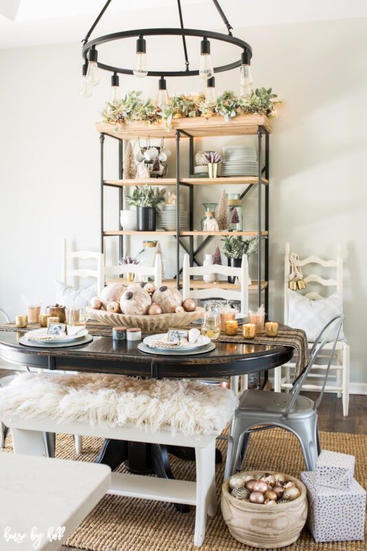 Holiday Dining Room with Rose Gold and Pink Ornament Centerpiece.