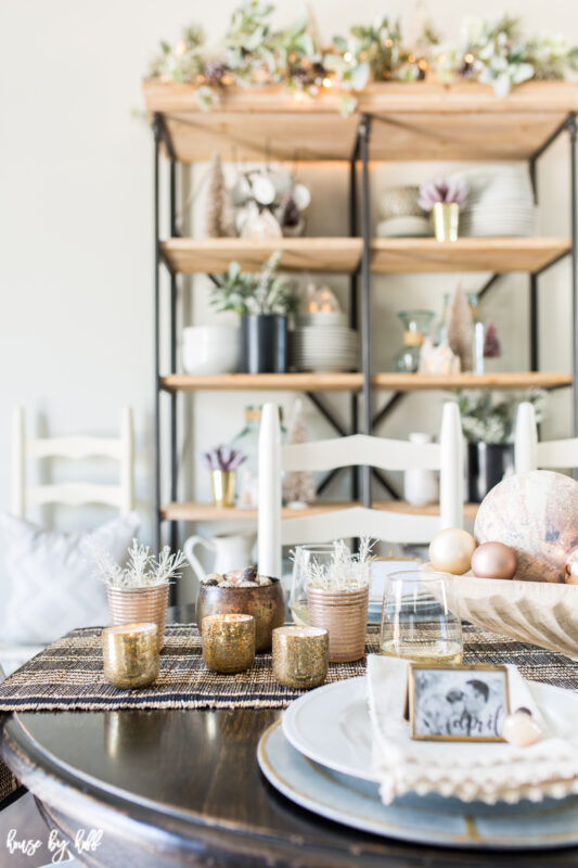 Rose Gold and Pink Votives on Holiday Dining Room Table.