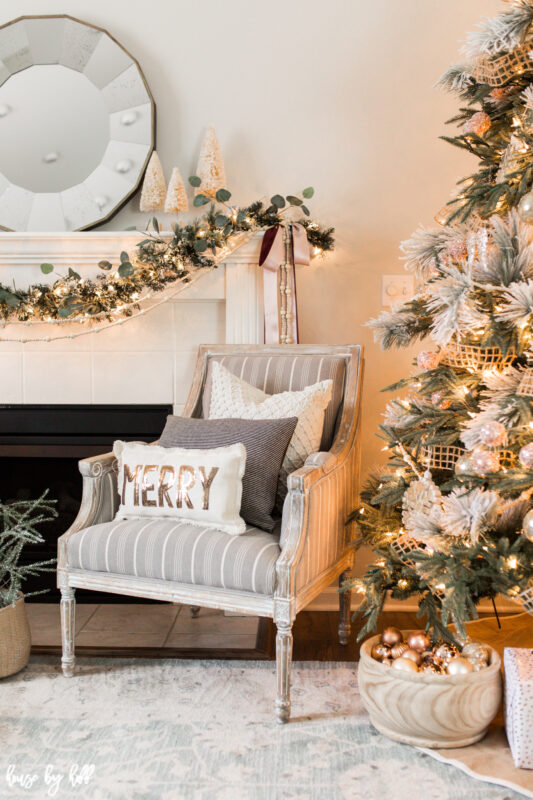 Eucalyptus Garland on Mantel with Bottle Brush Trees.