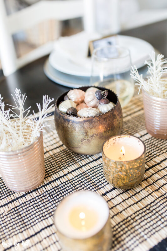 Gold and Pink Mercury Glass Ornaments and Votives on Holiday Table