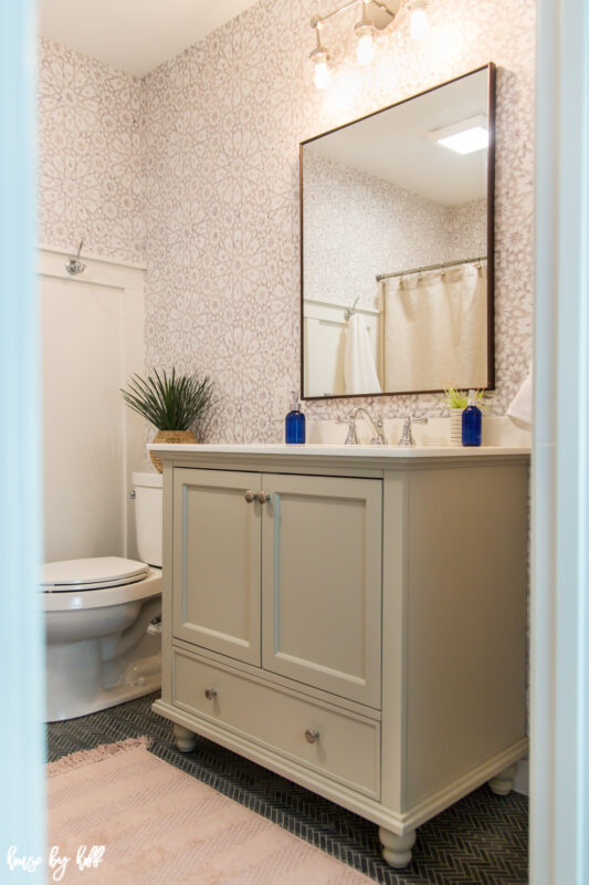 DIY Guest Bathroom Makeover with Wallpaper, Greige Vanity, Rectangle Mirror and Chrome Light Fixture