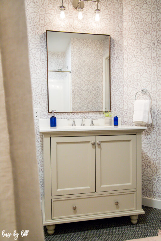 Bathroom Wallpaper, Greige Vanity, Rectangle Mirror and Chrome Light Fixture