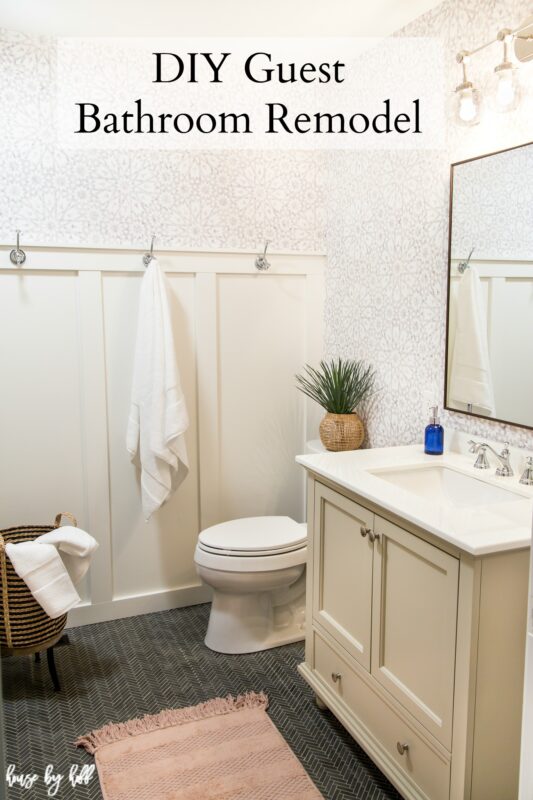 Bathroom Remodel with Wallpaper, Herringbone Floor, and Board and Batten