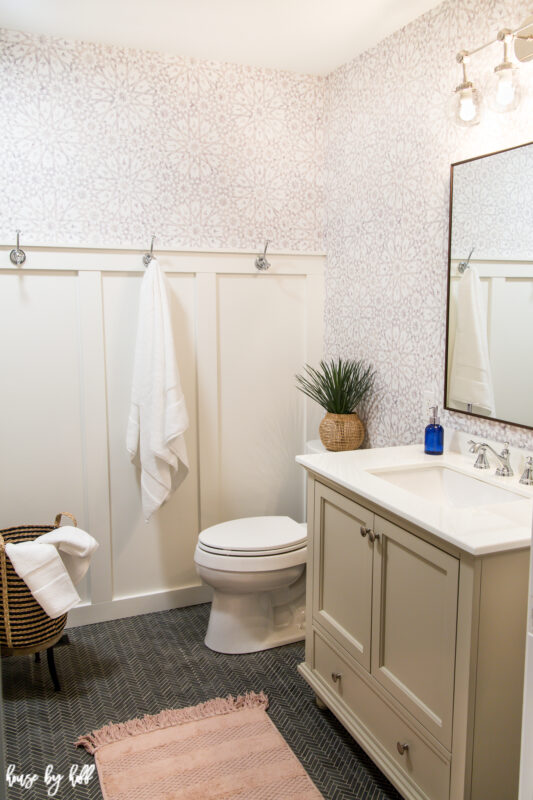 Bathroom Remodel with Wallpaper, Herringbone Floor, and Board and Batten