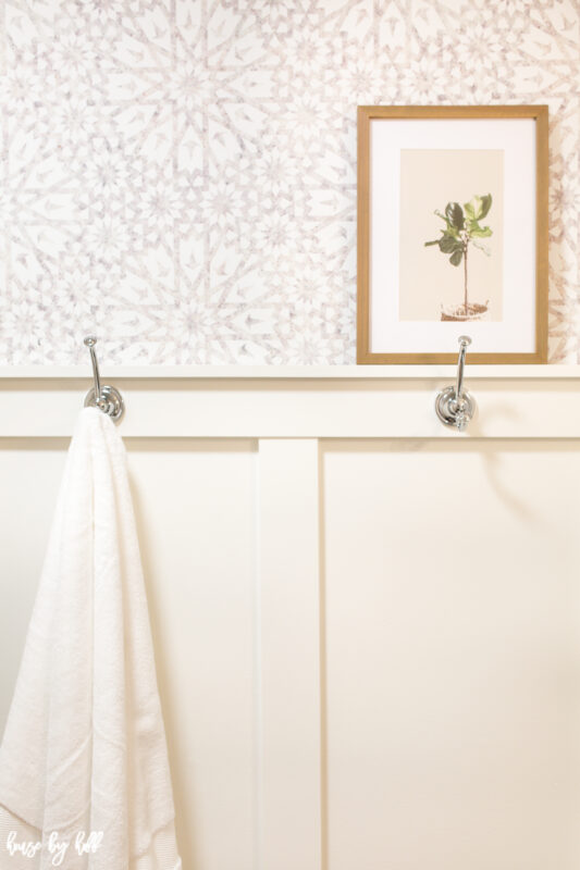 Board and Batten Wall with Neutral Wallpaper in Guest Bathroom