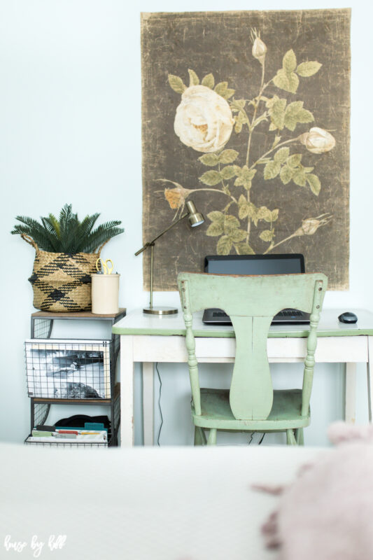 Office space with large scale floral art on decorative paper