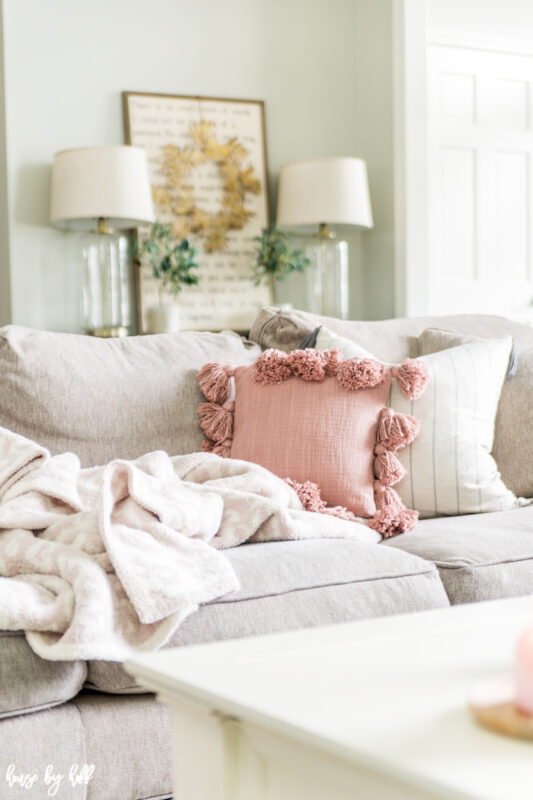 Mauve Throw Pillow with Tassels on Neutral Couch