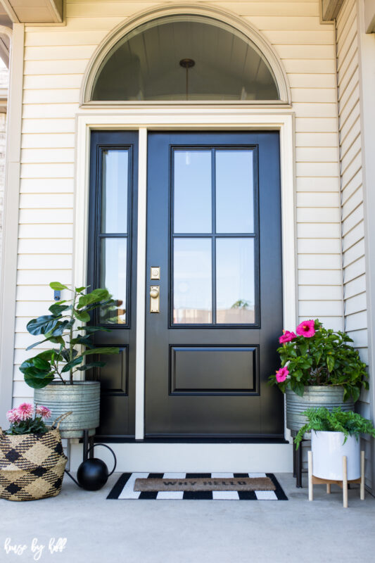 Therma Tru Four Pane Black Front Door and Sidelight