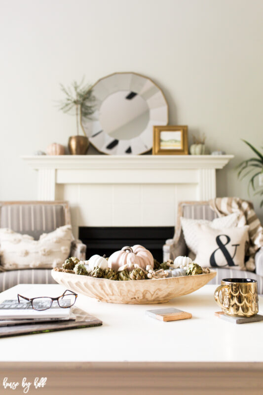 Neutral fall pumpkins on white coffee table with gold mug