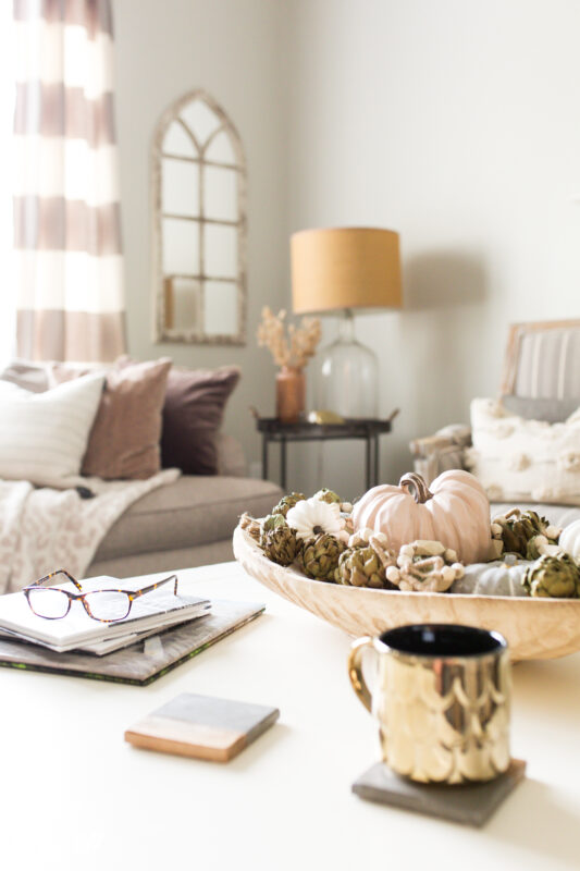 Neutral fall decor in neutral living room