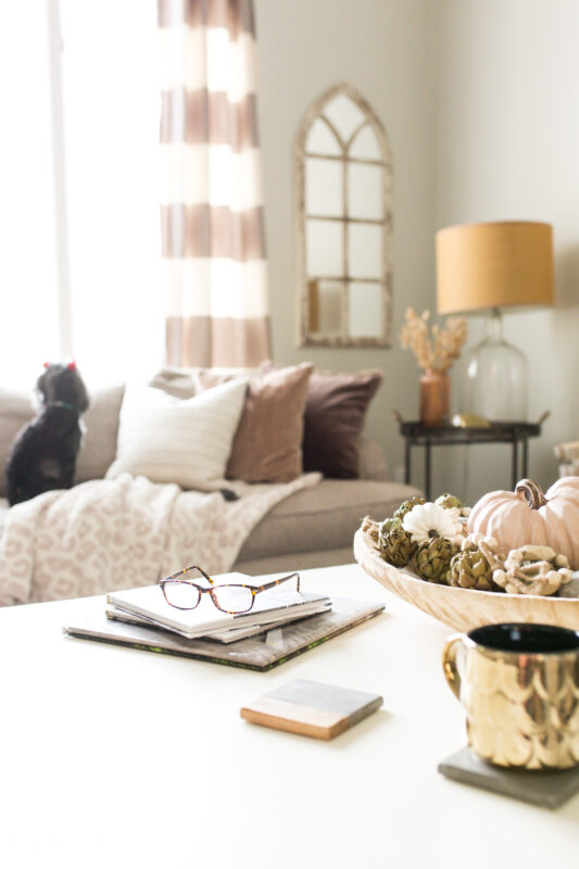 Neutral living room with fall decor and gold accents