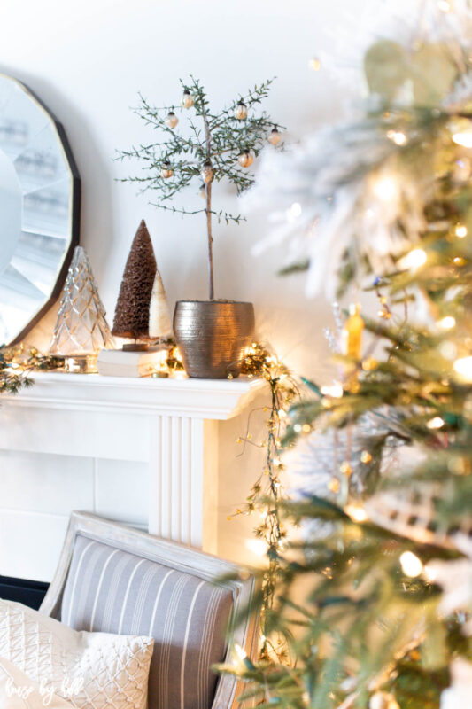 Thyme topiary in metallic pot on mantel