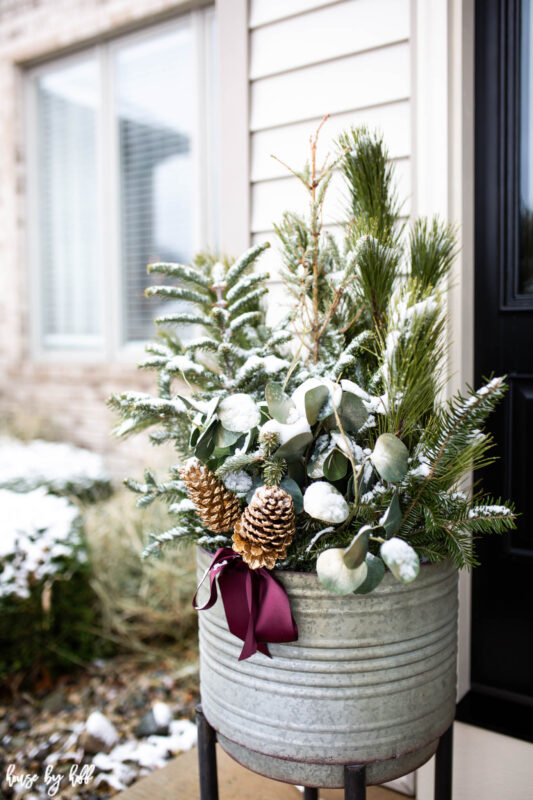 Elegant Holiday Front Porch with Galvanize Planters and Black Front Door