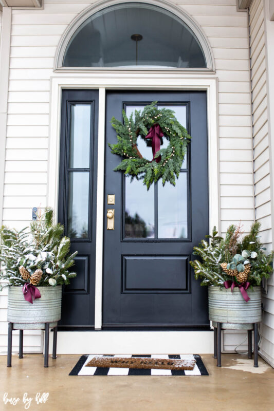 Elegant Holiday Home Tour Front Stoop With Galvanized Planters and Black Front Door