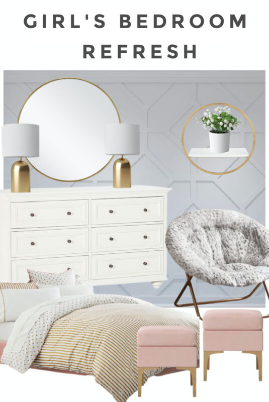 Girl's Bedroom Refresh with gray paneled wall, and pink and gold accents 