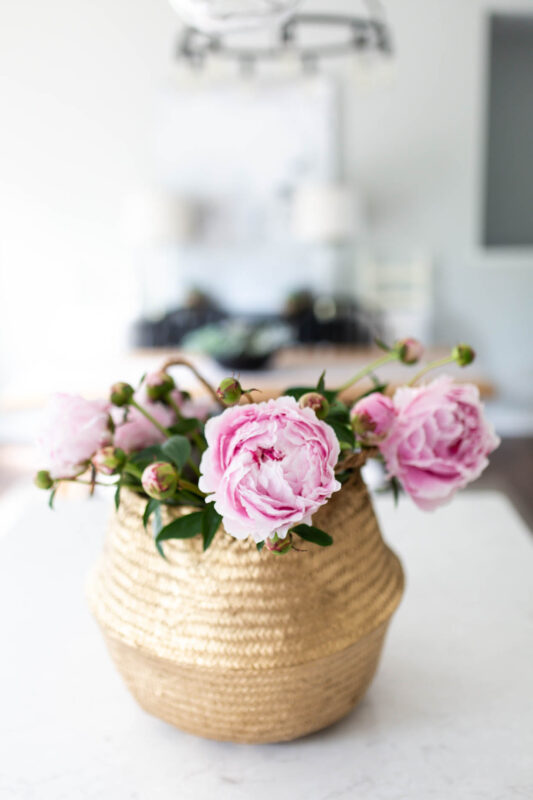 Gold basket with pink peonies