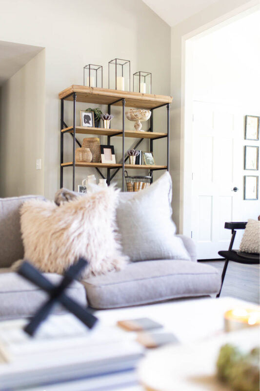 Open shelves with black and white decor