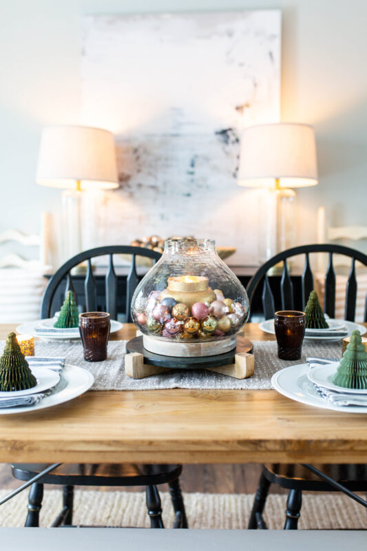 Ornament Centerpiece in Hurricane Vase and Accordion Trees