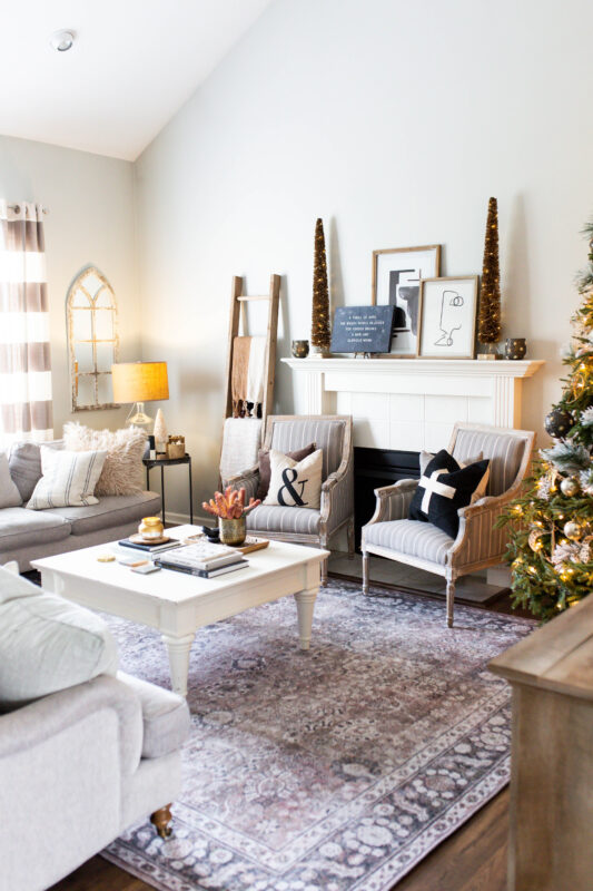 Neutral Holiday Decor in Living Room with Vintage Rug