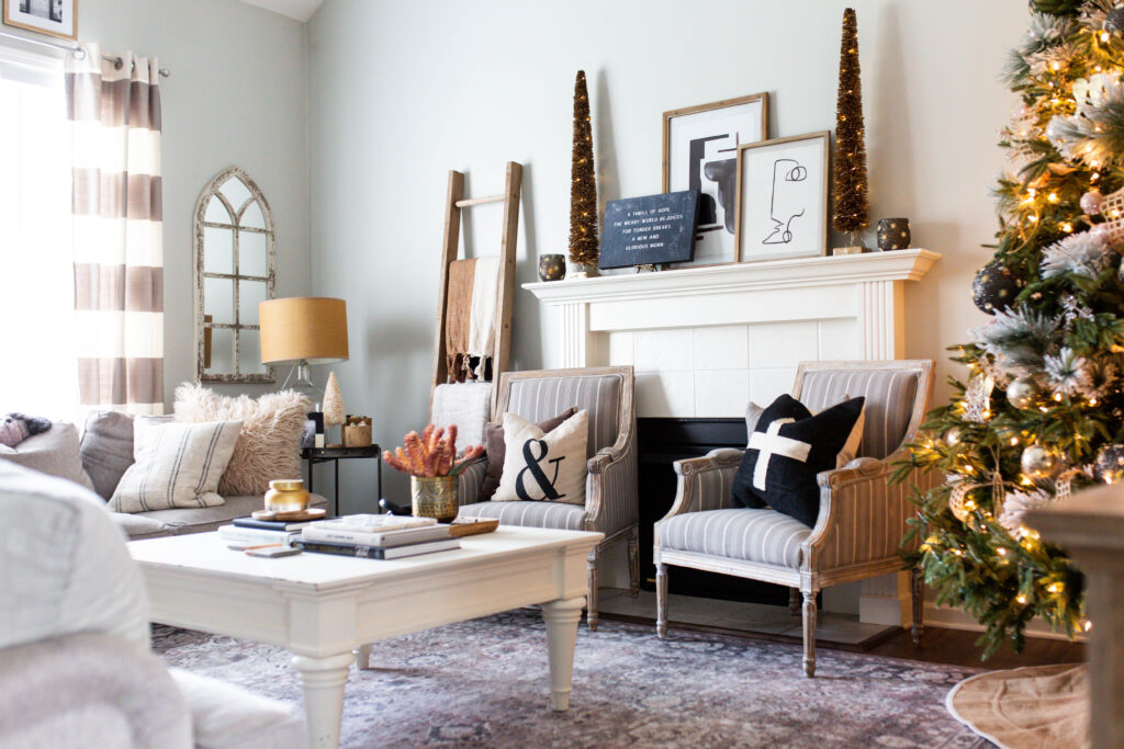 Neutral Holiday Decor in Living Room with Vintage Rug