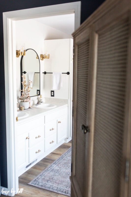 White Bathroom Cabinets with Brass Hardware